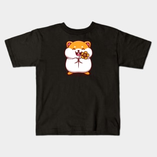 Cute Hamster Holding Sun Flower Cartoon Kids T-Shirt